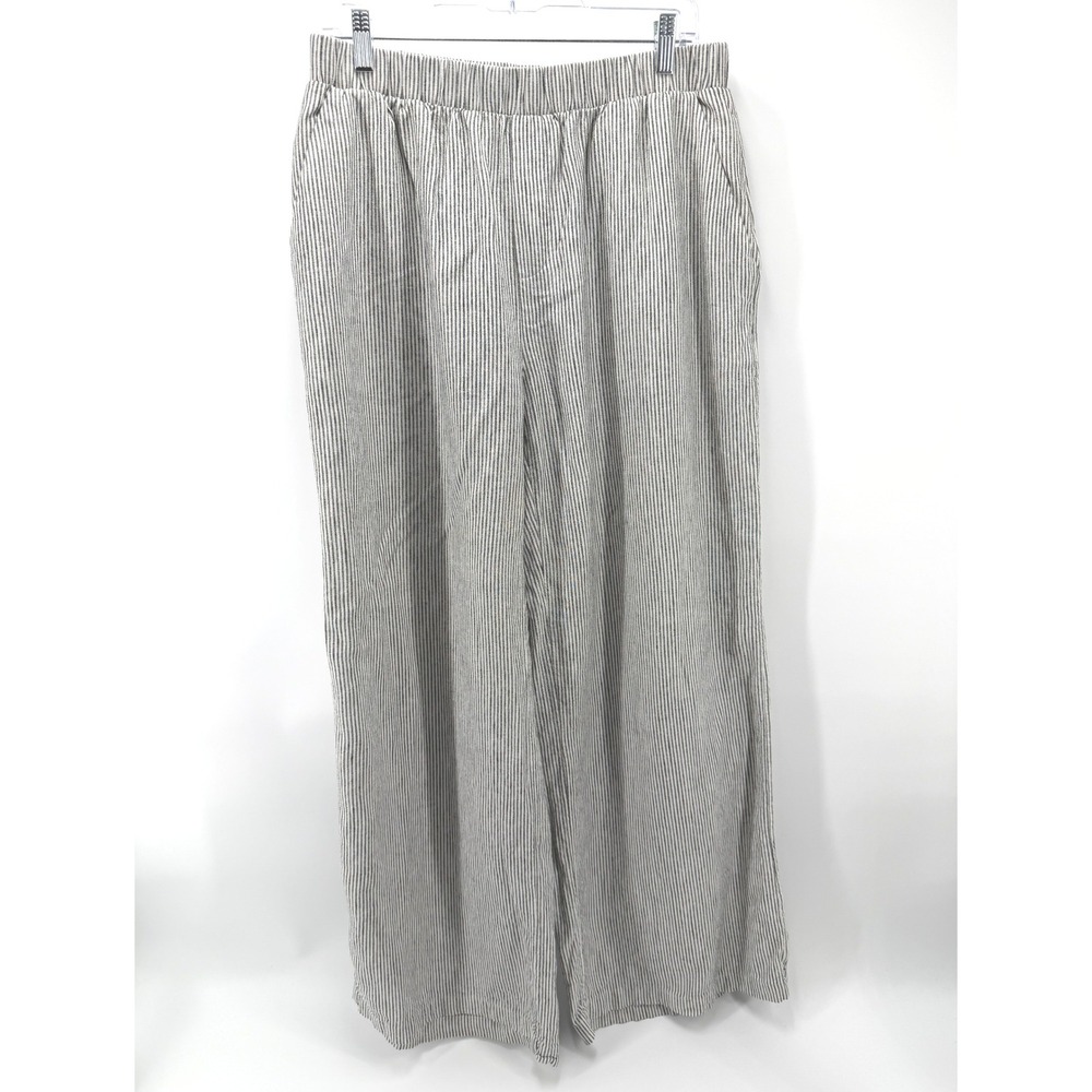 Scoop Striped Wide Leg Linen Blend Pants Women M Black White Beach Resort Casual